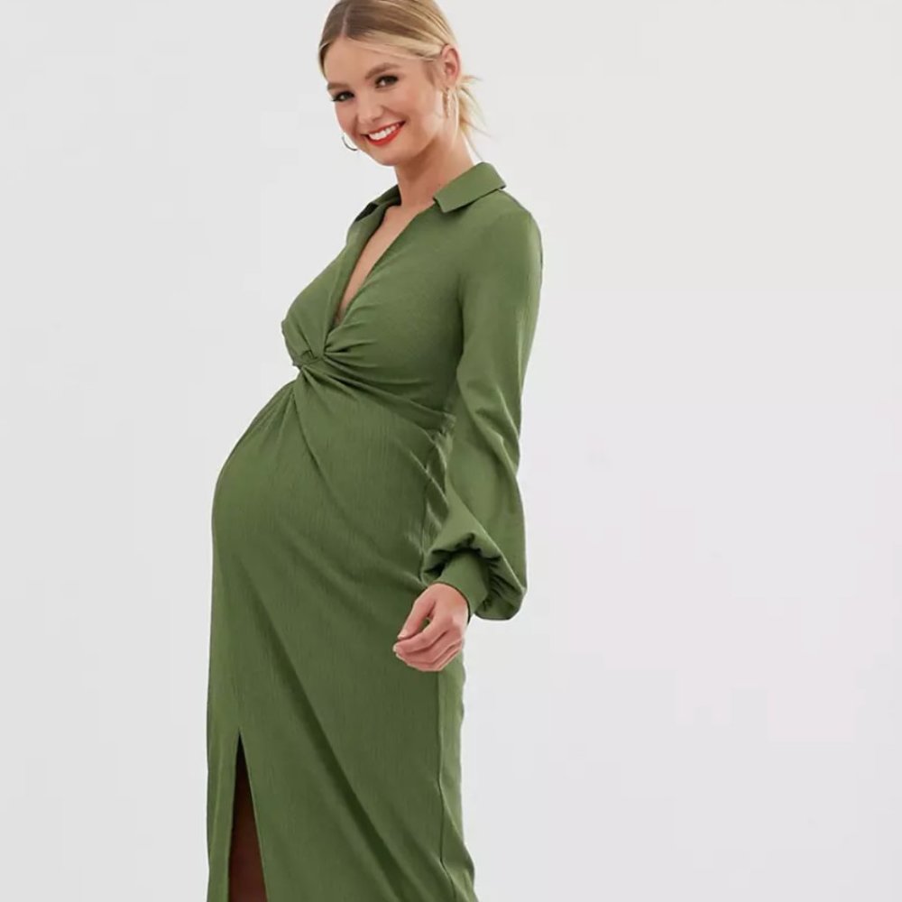 ASOS DESIGN Maternity textured drape shirt maxi dress with knot detail